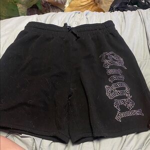 Black Shorts with Rhinestone 'Angel' Design